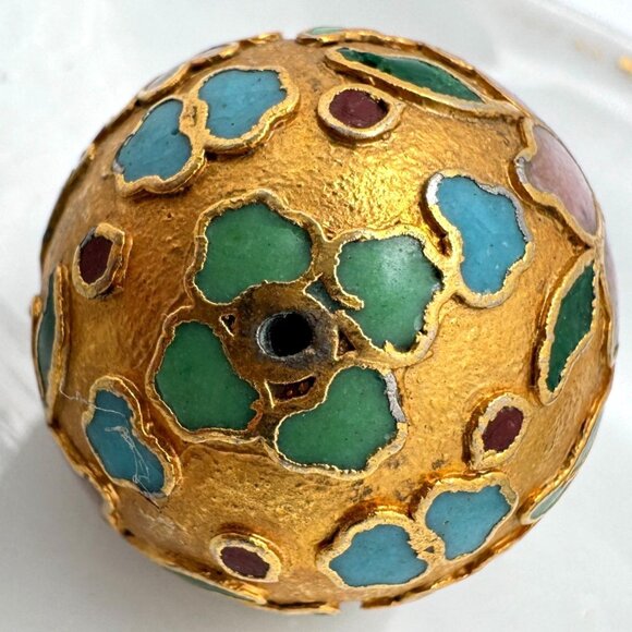 Champlevé Cloisonne 4 Gold Beads 25 MM Blue Green White Pink Flower - Picture 6 of 6